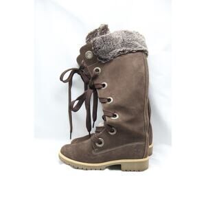 Timberland Knee High Boots Womens Size 7 Brown Suede Fur Lace Up Tall Winter